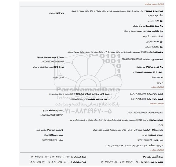 مزایده، مزایده  0/218   دویست وهجده هزارم  دانگ مشاع از 1/7 دانگ مشاع از شش دانگ عرصه واعیان