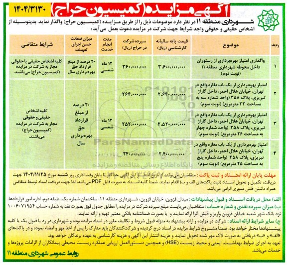 مزایده واگذاری امتیاز بهره برداری از رستوران داخل محوطه ...