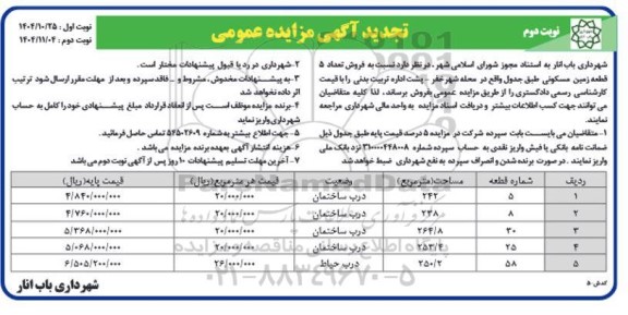 تجدید مزایده فروش تعداد 5 قطعه زمین مسکونی / نوبت دوم