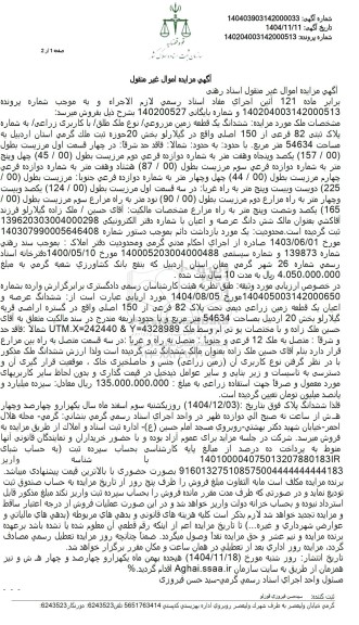 مزایده ششدانگ یک قطعه زمین مزروعی نوع ملک طلق با کاربری زراعی 