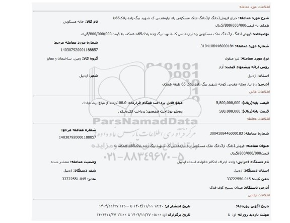 مزایده، فروش1دانگ از3دانگ ملک مسکونی راه نیارمقدس ک شهید بیگ زاده پلاک65ط همکف به قیمت5/800/000/000ریال