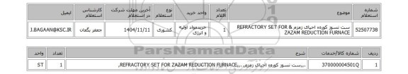 استعلام ست نسوز کورهء احیای زمزم & REFRACTORY SET FOR ZAZAM REDUCTION FURNACE