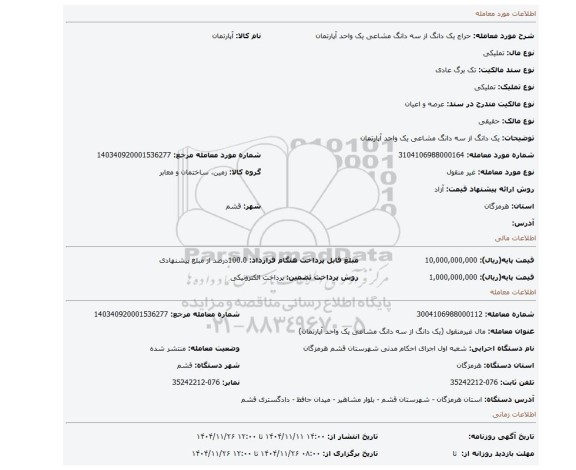 مزایده، یک دانگ از سه دانگ مشاعی یک واحد آپارتمان