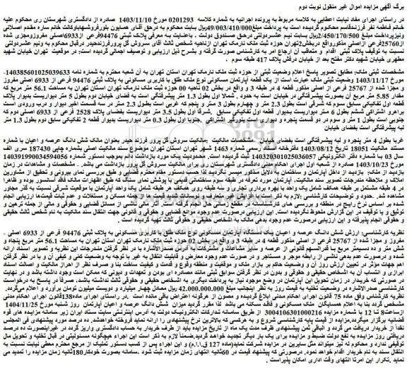 مزایده ملک پلاک ثبتی 94476فرعی از6933اصلی مفروزومجزی شده از25760فرعی ازاصلی