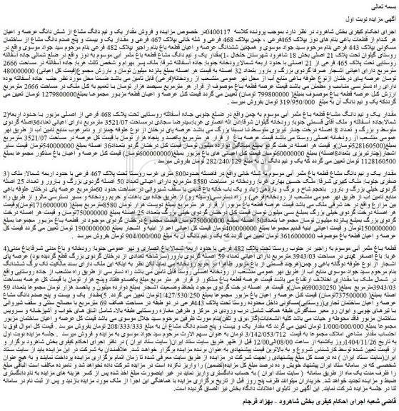 مزایده مقدار یک و نیم دانگ مشاع قطعه باغ مثمر آبی موسوم به دوز 