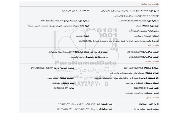 مزایده، تعدادی لوازم جانبی موبایل و لوازم برقی