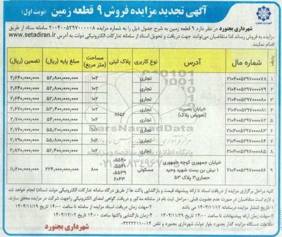 تجدید مزایده فروش 9 قطعه زمین