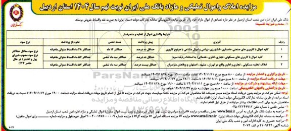 مزایده املاک و اموال تملیکی و مازاد نوبت نهم 