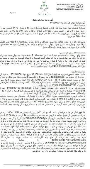 مزایده ششدانگ یک قطعه مغازه نوع ملک طلق با کاربری تجاری