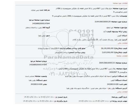 مزایده، پلاک ثبتی: 867 فرعی از 16 اصلی قطعه یک تفکیکی مفروزومجزی از 856 از اصلی مذکوربخش 9