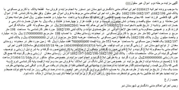 مزایده ملک به  مساحت  198 متر مربع و مساحت اعیانی 90 متر متر مربع  با کاربری مسکونی