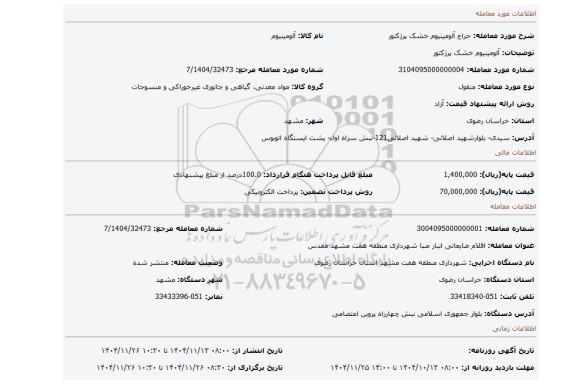 مزایده، آلومینیوم خشک پرژکتور