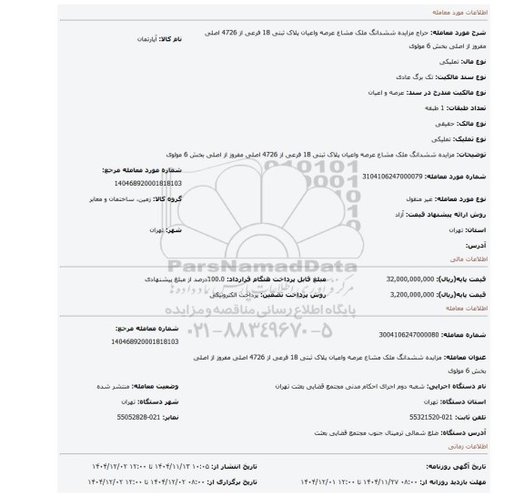 مزایده، مزایده ششدانگ ملک مشاع عرصه واعیان  پلاک ثبتی 18 فرعی از 4726 اصلی  مفروز از اصلی  بخش 6 مولوی