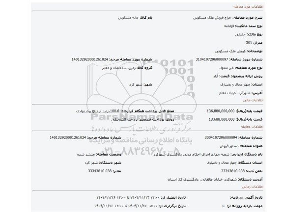 مزایده، فروش ملک مسکونی