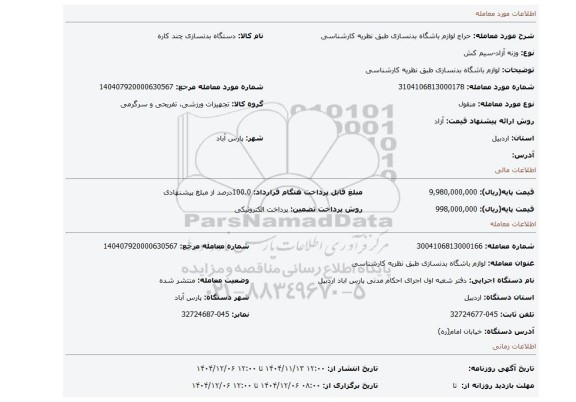 مزایده، لوازم باشگاه بدنسازی طبق نظریه کارشناسی