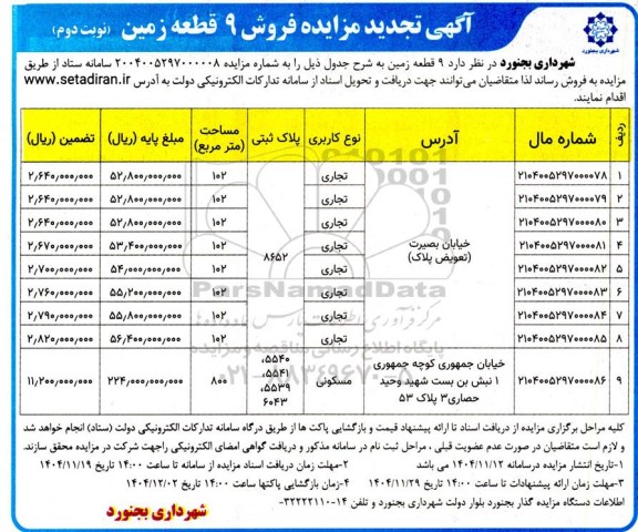 تجدید مزایده فروش 9 قطعه زمین - نوبت دوم