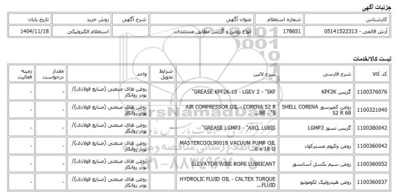 استعلام الکترونیکی، انواع روغن و گریس مطابق مستندات