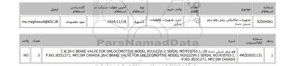 استعلام تجهیزات مکانیکی ریلی-ولو ترمز شش دنده