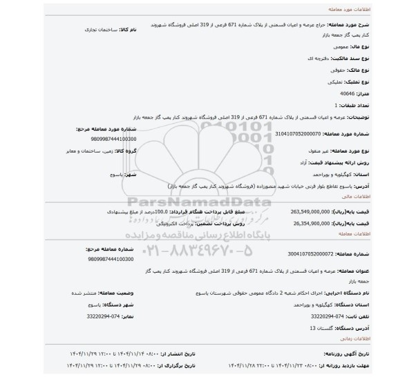 مزایده، عرصه و اعیان قسمتی از پلاک شماره 671 فرعی از 319 اصلی فروشگاه شهروند کنار پمپ گاز جمعه بازار