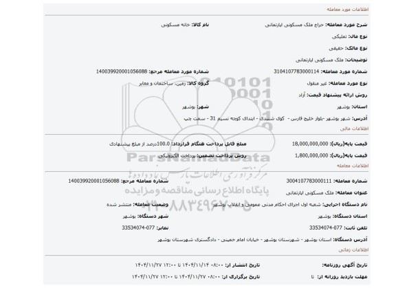 مزایده، ملک مسکونی اپارتمانی