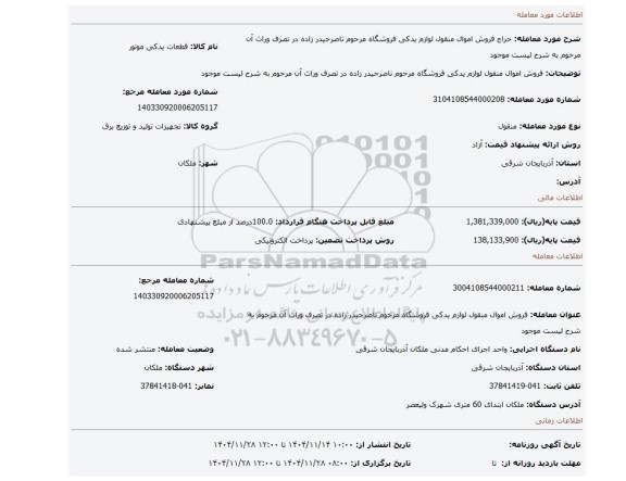 مزایده، فروش اموال منقول لوازم یدکی فروشگاه مرحوم ناصرحیدر زاده در تصرف وراث آن مرحوم به شرح لیست موجود