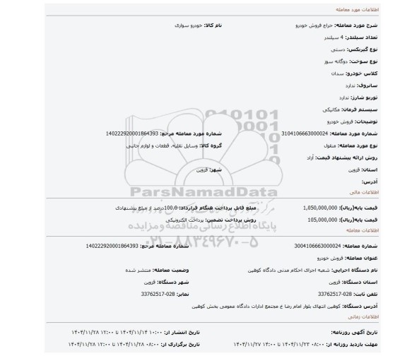 مزایده، فروش خودرو