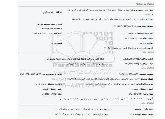 مزایده، فروش سه دانگ طبقه همکف ملک واقع در پرسی گاز بلوار الغدیر کوچه تیما 1 پلاک 14