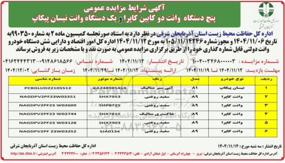 آگهی شرایط مزایده عمومی پنج دستگاه وانت دو کابین کاپرا و یک دستگاه وانت نیسان پیکاپ