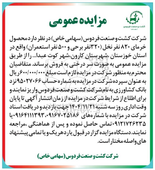 مزایده عمومی محصول خرمای 820 نفر نخل (320 نفر برحی و 500 نفر استعمران)