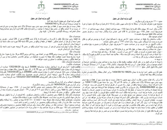 مزایده مقدار بیست و پنج صدم سهم از هفتاد و پنج صدم سهم شش سهم ششدانگ 