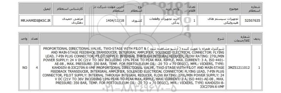 استعلام تجهیزات سیستم های هیدرولیکی
