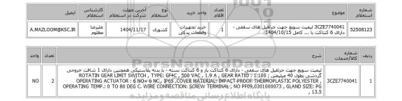 استعلام 3CZE7740041	لیمیت سویچ جهت جرثقیل های سقفی - دارای 6 کنتاکت با ... کامل	1404/10/15