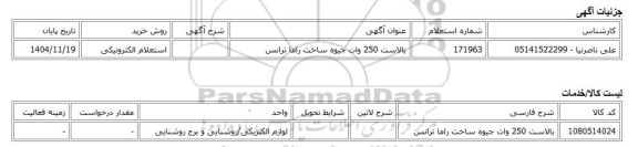 استعلام الکترونیکی، بالاست 250 وات جیوه ساخت راما ترانس