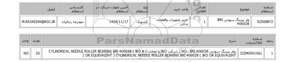 استعلام ولر بیرینگ سوزنی BRI 406028