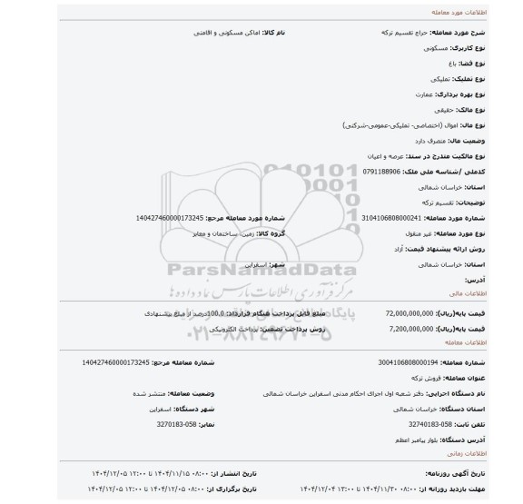 مزایده، تقسیم ترکه