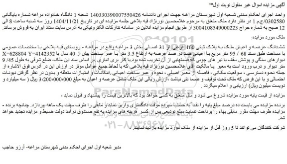 مزایده ششدانگ عرصه و اعیان ملک به پلاک ثبتی 160 فرعی از 31 اصلی