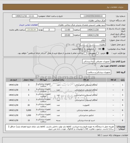 استعلام تجهیزات مصرفی دندان پزشکی