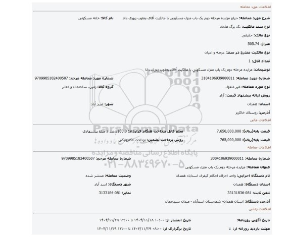 مزایده، مزایده مرحله دوم یک باب منزل مسکونی با مالکیت آقای یعقوب زیوری دانا