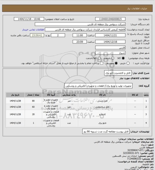 استعلام کابل و کابلشو و تابلو برق