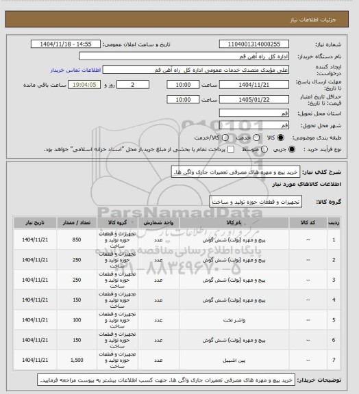 استعلام خرید پیچ و مهره های مصرفی تعمیرات جاری واگن ها.