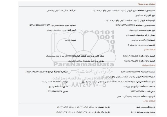 مزایده، فروش یک باب منزل مسکونی واقع در خلف آباد