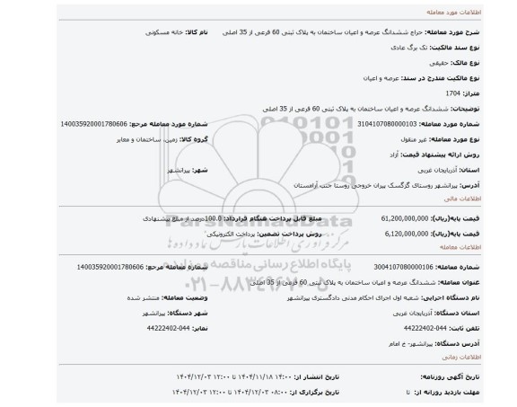 مزایده، ششدانگ عرصه و اعیان ساختمان به پلاک ثبتی 60 فرعی از 35 اصلی