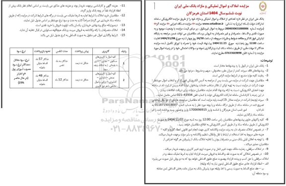 مزایده املاک و اموال تملیکی و مازاد بانک ملی ایران - نوبت ششم 