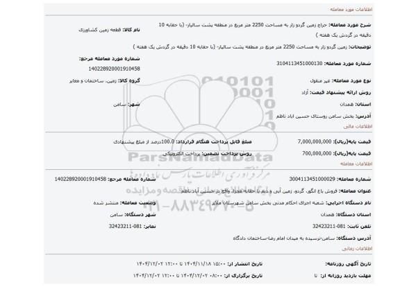 مزایده، زمین گردو زار به مساحت 2250 متر مربع در منطقه پشت سالیار- (با حقابه 10 دقیقه در گردش یک هفته )
