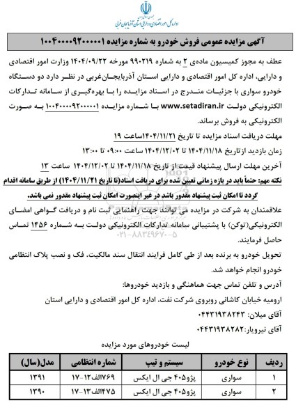 مزایده فروش دو دستگاه خودرو سواری 