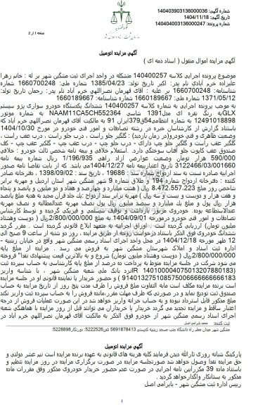 مزایده ششدانگ یکدستگاه خودرو سواری پژو سیستم GLX 