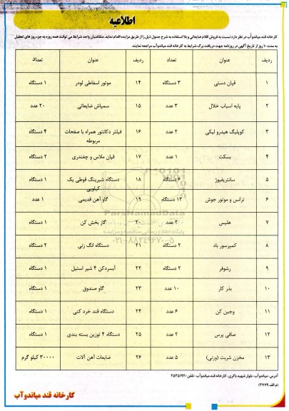 مزایده فروش اقلام ضایعاتی و بلااستفاده 