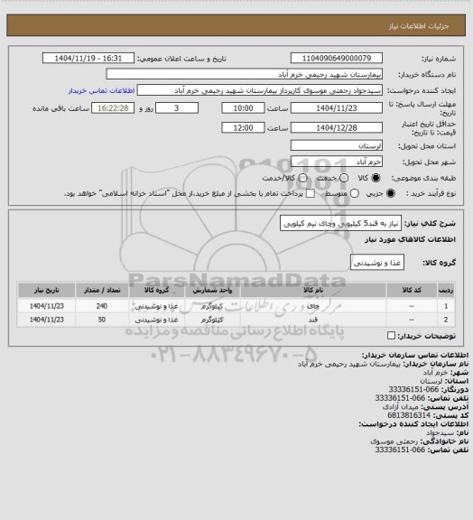 استعلام نیاز به قند5 کیلیویی وچای نیم کیلویی