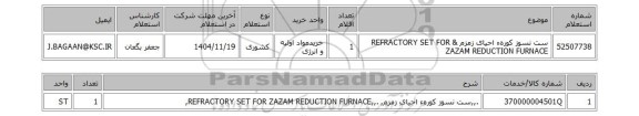 استعلام ست نسوز کورهء احیای زمزم & REFRACTORY SET FOR ZAZAM REDUCTION FURNACE