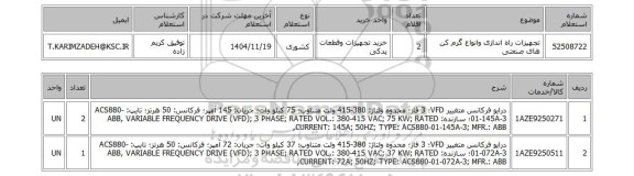 استعلام تجهیزات راه اندازی وانواع گرم کن های صنعتی